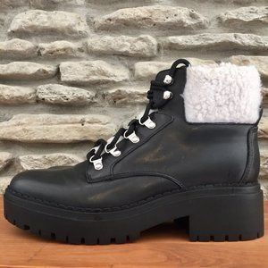 Marc Fisher Size 9.5 Black Leather & Shearling Lace Up Lug Sole Ankle Boots